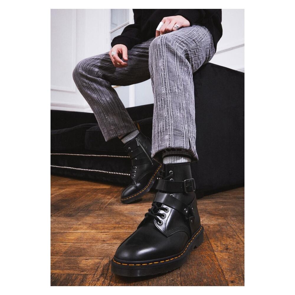 Dr. Martens Cristofor Black Leather Harness Buckle Combat Boots Women Si…